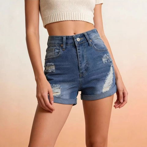Pantaloncini Di Denim Strappati Da Donna Vita Alta Effetto Consumato Orlo Con Risvolto Estate Casual Cotone Blu
