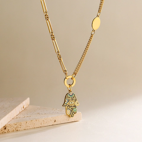 Hamsa Hand Böser Blick Herz Anhänger Halskette Edelstahl 18K Vergoldet Asymmetrische Büroklammerkette Schmuck Damen