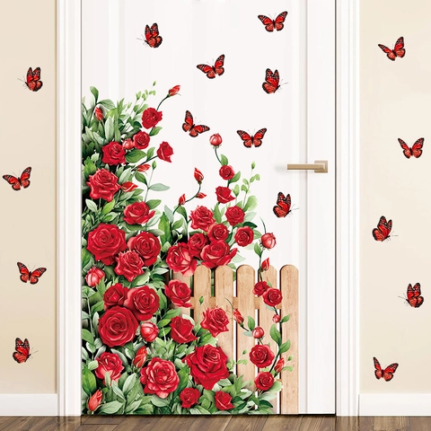Sticker Mural Romantique Rose Rouge Clôture Papillon PVC Autocollant Imperméable Décoration Maison Salon Chambre