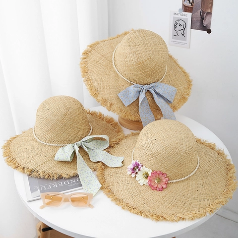 Women Wide Brim Straw Sun Hat Artificial Pearl Beads Raffia Paper Frayed Edge Bow Ribbon Flower Beach Holiday Chic