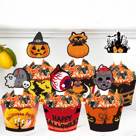 Halloween Cupcake Förmchen Und Topper Dekoration Papier Picks Kürbis Geist Zombie Design Party Zubehör Tortenständer