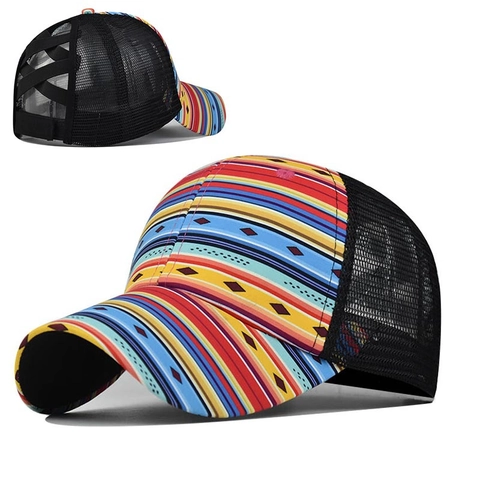 Cappello Da Baseball Coda Di Cavallo Foro Incrociato Rete Schiena Stampa Bohémien Cotone Sole Donne