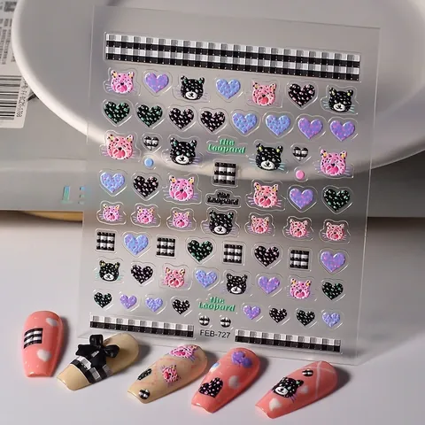 Relief Nagelsticker Leopardenmuster Cartoon Katze Herz Schachbrett Selbstklebende Abziehbilder Für Frauen DIY Maniküre