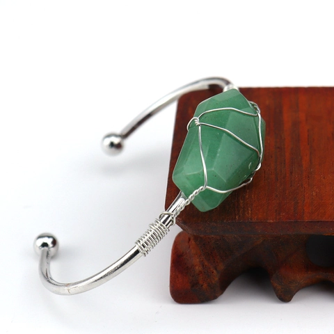 Handmade Natural Crystal Open Cuff Bracelet Copper Wire Wrapped Hexahedron Stone Bangle Jewelry For Women Vintage Boho