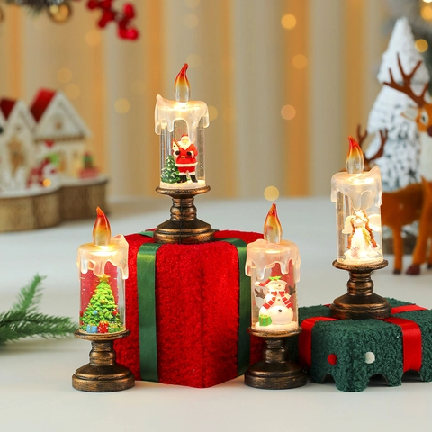 LED Weihnachtskerze Lampe Wasserlaterne Weihnachtsmann Schneemann Figuren Retro Bronze Basis Batteriebetrieben Glitzerschnee Deko