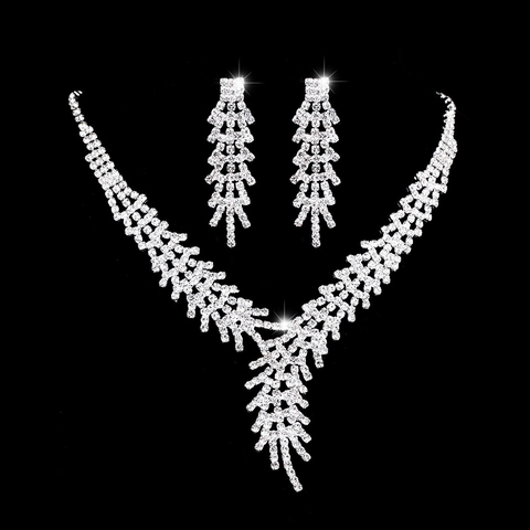 Luxury Alloy Rhinestone Ice Flower Jewelry Set For Women Silver Hollow Out Tassel Necklace Earrings Set For Wedding Party