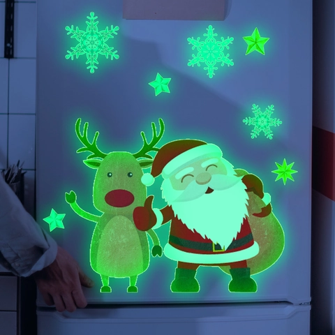 Pegatinas De Pared De Navidad Luminosas Papá Noel Reno Copo De Nieve Estrella Fluorescente PVC Autoadhesivo Decoración Festiva
