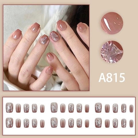 Uñas Postizas Elegant Con Degradado Rosa Diseño De Mariposa Resina ABS Forma Squoval Corta Para Uso Diario Incluye Pegamento