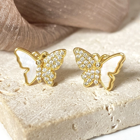 Sweet Copper Butterfly Stud Earrings For Women With Zirconia Shell Inlay Gold Silver Plated Elegant Animal Shaped Jewelry Gift