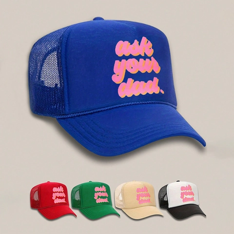 Trucker Hat Ask Your Dad Letter Print Breathable Mesh Adjustable Curved Brim Retro Streetwear Baseball Cap