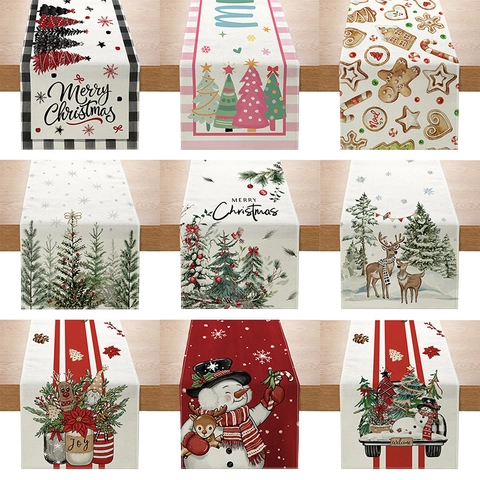 Chemin De Table Noël Polyester Texture Lin Fête Festif Cuisine Salle À Manger Décor De Table Motifs De Noël