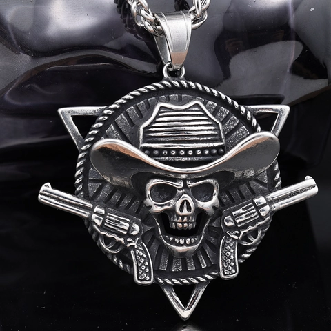 Cowboy Skelett Anhänger Edelstahl Vintage Punk Rock Sheriff Stern Doppelwaffen Gothic Hip Hop Schmuck Herren Damen