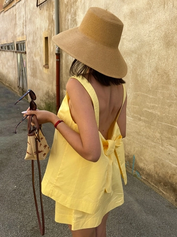 Top Con Spalline E Minigonna Da Donna Puro Cotone Schiena Scoperta Grande Fiocco Estate Vacanza Casual Giallo Brillante