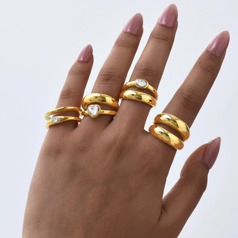 Ladies Minimalist Stainless Steel Zirconia Ring Double Layer Heart Geometric Trendy Jewelry Ring For Women Gold Plated Gift