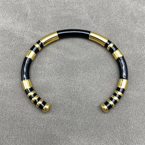 French Niche Design C-Shaped Open Bangle Gold Metal Enamel Stripe Adjustable Bamboo Joint Style Cuff Bracelet Women Jewelry