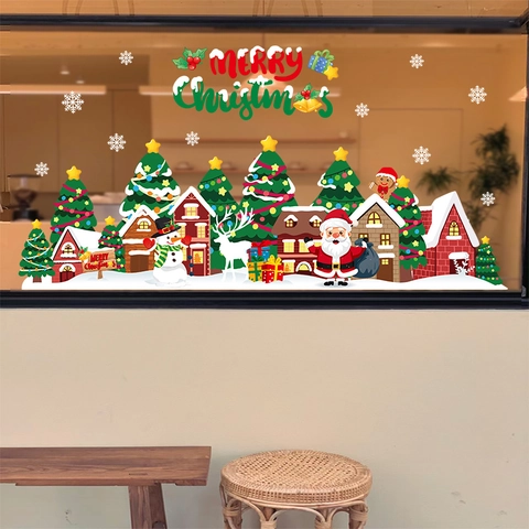 Christmas Window Stickers Static Cling PVC Santa Claus Reindeer Snowman Decor Removable No Glue Glass Door Decals Shop