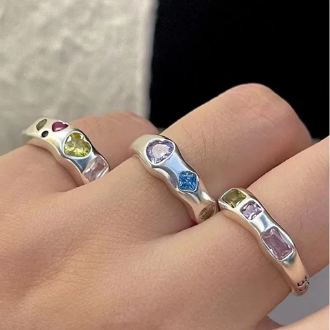 Anello Regolabile In Rame Per Donna Zirconia Colorata Pietre Geometriche Design Irregolare Gioielli Minimalisti Chic