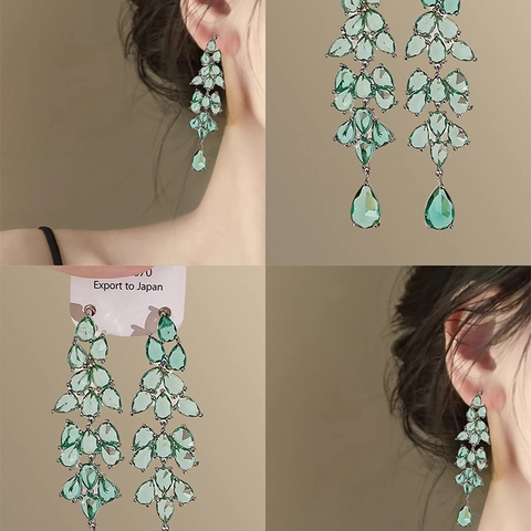 Grüne Zirkon Wassertropfen Quaste Ohrringe Kupfer Schmuck Mit Silver Earring Post Blattform Elegante Mode Für Frauen