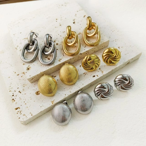 Pendientes De Boton Geometricos Acero Inoxidable Chapado En Oro 18K Retro Frances Nervado Espiral Joyeria Elegante Mujeres