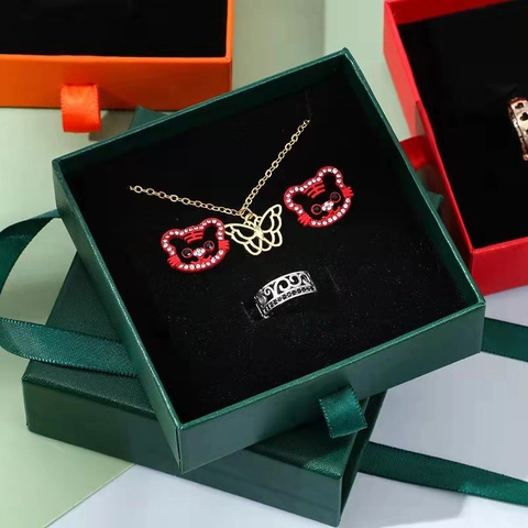 Drawer Jewelry Gift Box Paper Cardboard With Ribbon Handle Square Packaging For Necklace Ring Earring Bracelet Storage