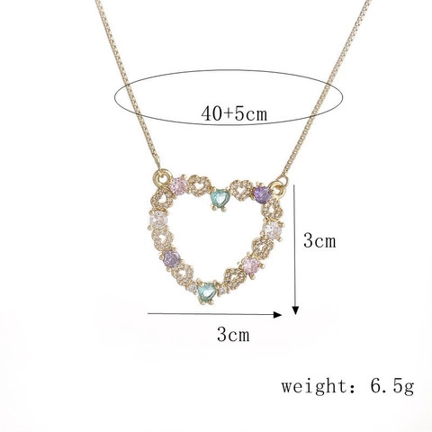 Hollow Heart Pendant Necklace For Women Gold Plated Copper Colorful Zirconia Inlaid Box Chain Exquisite Elegant Jewelry