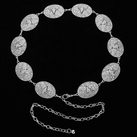 Women Punk Zinc Alloy Chain Belt Vintage Animal Embossed Oval Plate Waist Chain Horse Bull Head Hip Hop Belt Jewelry