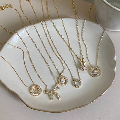 Collana Con Ciondolo In Rame Placcato Oro 14K Zirconia Perla Artificial Fiocco Coniglio Gioielli Da Donna Stile Coreano