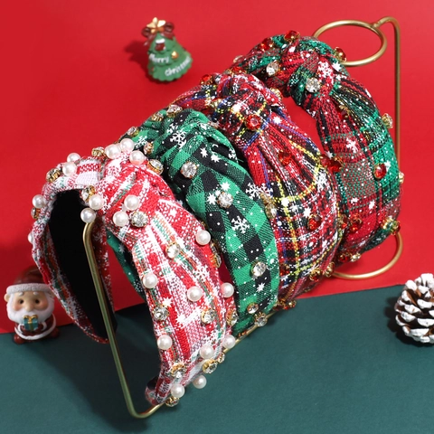 Christmas Headband Plaid Fabric Knotted Vintage Rhinestone Artificial Pearl Snowflake Pattern Holiday Party Hair Accessory Women