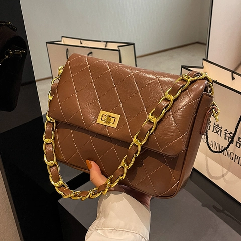Women Quilted Rhombus Shoulder Bag PU Leather Golden Chain Strap Flip Square Crossbody Bag Vintage Elegant Daily Fashion