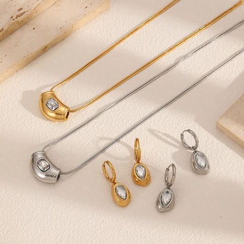 Collana E Orecchini In Acciaio Inossidabile Zirconia Cubica Pendente Geometrico Rettangolo Gioielli Di Moda