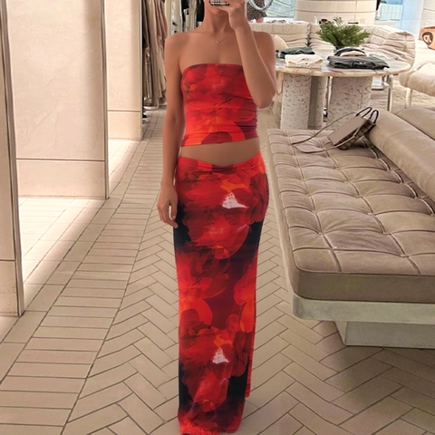 Dames Tube Top En High Waist Maxi Rok Polyester Elastaan Bloemen Luipaardprint Slim Fit Sexy Zomer Vakantie Outfits