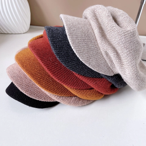 Damen Strickmütze Schirmmütze Winter Warm Einfarbig Weich Achteckig Baker Boy Hut Mit Kurzer Krempe Eleganter Retro Stil