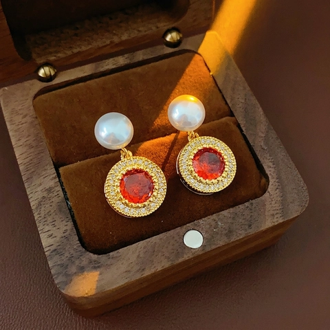 Vintage Künstliche Perlen Rot Zirkon Ohrstecker Elegant Vergoldet Schmuck Für Damen Mit Silbernen Ohrringstecker