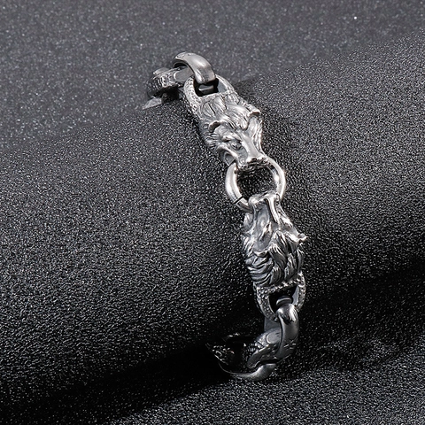Men Retro Lion Head Stainless Steel Bracelet Punk Rock Heavy Metal Chain Jewelry With T-Bar Clasp