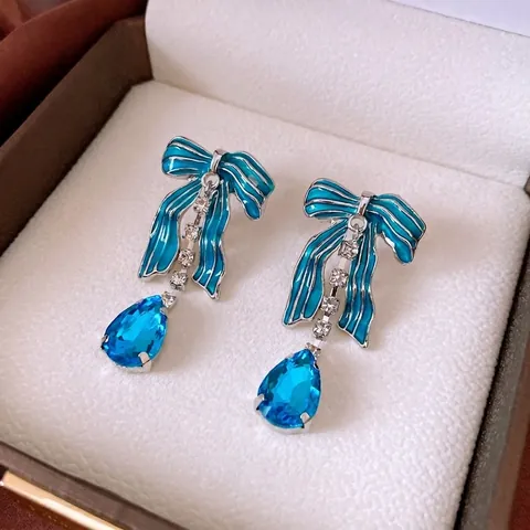 Orecchini Pendenti Con Fiocco Goccia D'acqua Blu Stile Palazzo Vintage Con Perno In Argento Lega Cristallo Strass Per Donna