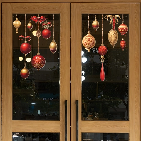 Weihnachts Wandtattoo Fensterbilder PVC Selbstklebend Rot Gold Kugeln Festliche Hausdekoration