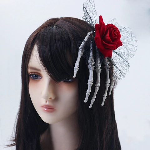 Halloween Skeleton Hand Rose Hair Clip Gothic Lace Mesh Hairpin For Women Party Costume Prop Accessory Novelty Decor