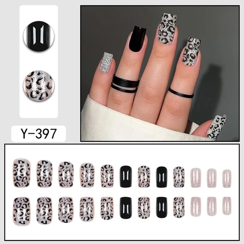 Press On Nails Black Glossy Leopard Print Silver Glitter Square Shape Removable Artificial Fake Nails For Women