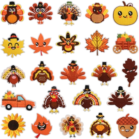 Toppe Ricamate Tacchino Del Ringraziamento Da Stirare O Cucire Tema Raccolto Autunnale Cartone Animato Zucca Foglia Di Acero