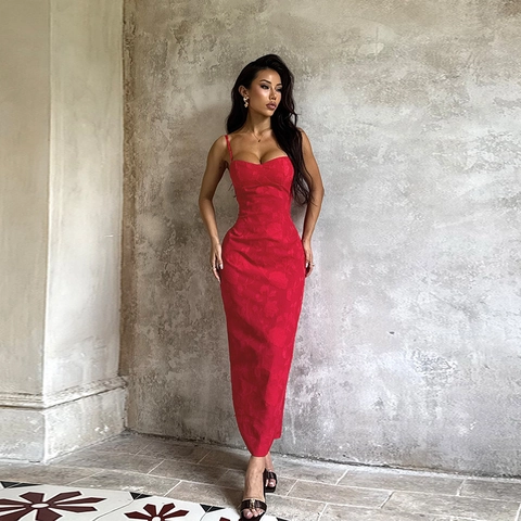 Women Sexy Backless Bodycon Maxi Dress Rose Jacquard Pattern Sleeveless High Waist Long Evening Slit Hem