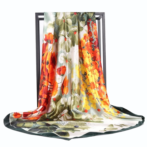 Pañuelo Cuadrado Estampado Floral Satén Satén Artificial Brillante Elegante Accesorio Moda Mujer