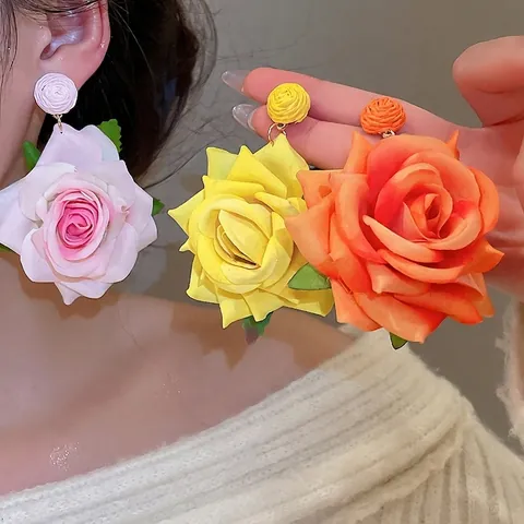 Boucles D'oreilles Pendantes Rose Surdimensionnées Pour Femmes Boho Tissu Floral Avec Tige En Argent Style Vacances