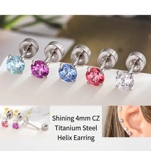 Ronde Cubic Zirconia Kraakbeen Stud Oorbellen Titanium Staal Schroef Platte Achterkant Piercing Sieraden Mode Vrouwen