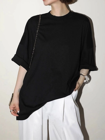Damen Oversize T-Shirt Rundhals Baumwolle Sorona Fledermausärmel Seitenschlitz Einfarbig Lässig Locker