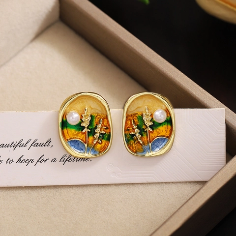 Vintage French Oil Painting Enamel Earrings With Artificial Pearl Wheat Ear Sunset And 925 Sterling Silver Earring Post