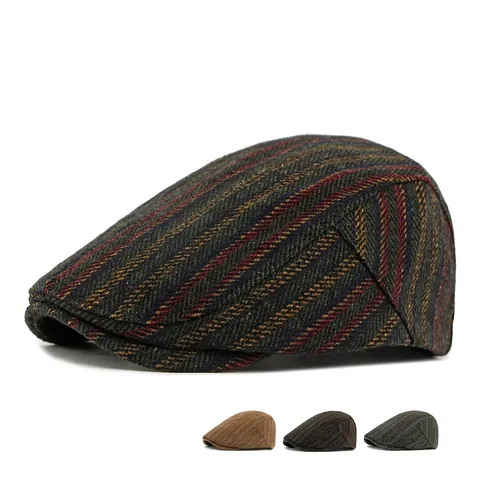 British Retro Wool Blend Flat Cap For Men Women Vintage Herringbone Striped Newsboy Beret Adjustable Winter Warm Hat