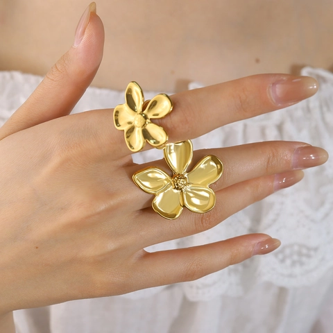 Elegante Roestvrijstalen 3D Bloem Open Ring Voor Dames Verguld Minimalistische Florale Statement Ring Verstelbare Sieraden