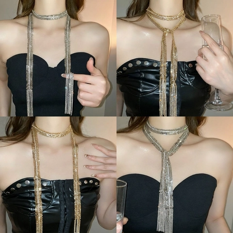 Collier Long De Luxe À Franges En Strass Cuivre Étincelant Choker Pour Fête Soirée Mariage Chaîne De Pull Femmes