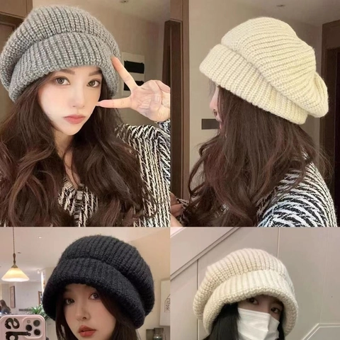 Women Chunky Knit Beret Beanie Hat Slouchy Warm Winter Autumn Soft Japanese Style Casual Face Slimming