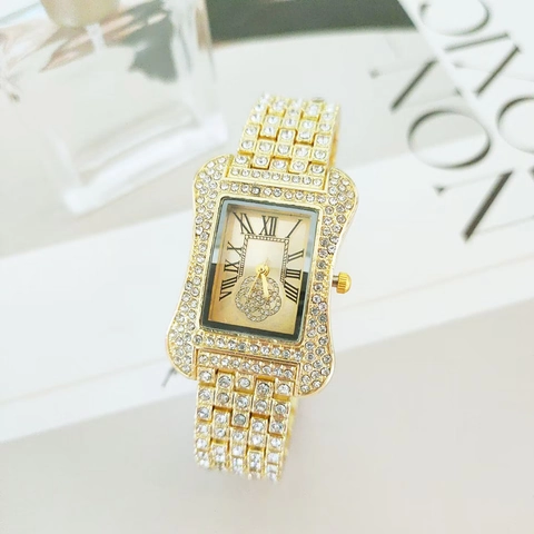 Lussuoso Orologio al Quarzo da Donna in Lega di Strass Quadrante Quadrato con Numeri Romani e Motivo Floreale Orologio alla Moda